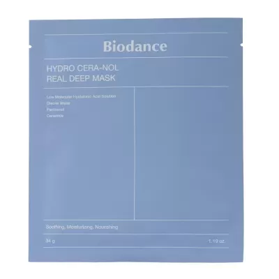 Embalagem azul de máscara facial Biodance Hydro Cera-Nol Real Deep Mask com texto branco
