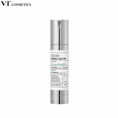 Frasco prateado de cosmético VT COSMETICS com rótulo branco e texto