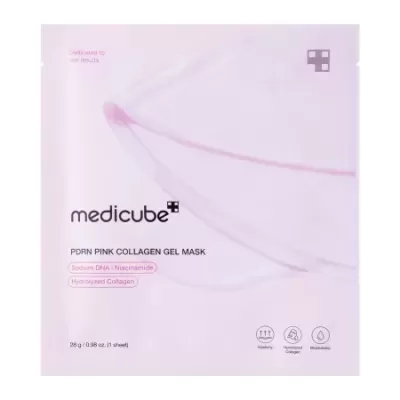 Embalagem de máscara facial Medicube rosa claro com texto e ícones
