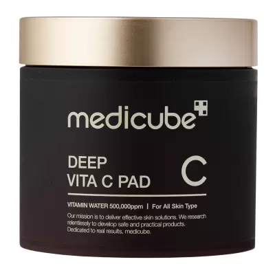 Frasco Medicube Deep Vita C Pad preto com tampa dourada