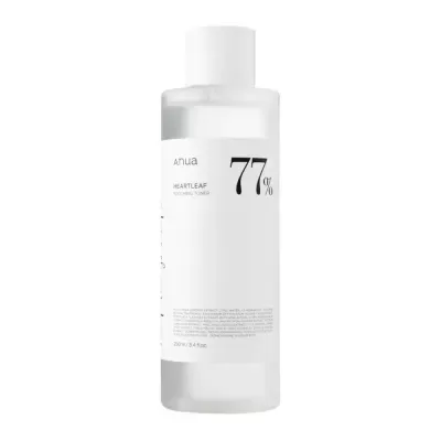 Garrafa de toner calmante transparente com tampa branca e rótulo branco com texto preto