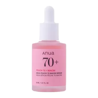 Frasco rosa com conta-gotas branco de sérum Anua 70+ Peach 70 + Niacin
