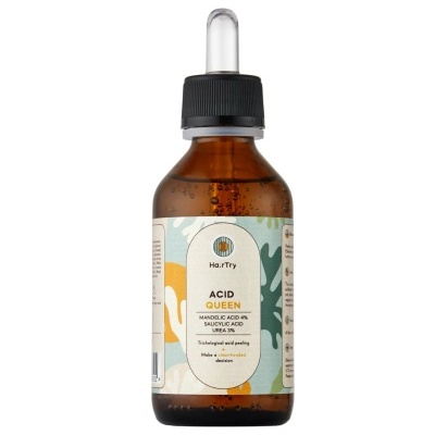 Frasco âmbar com conta-gotas e etiqueta colorida do produto Acid Queen