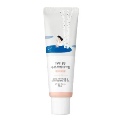 Tubo branco com tampa, ilustração e texto em coreano e inglês SPF 50+ PA++++