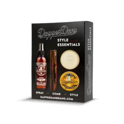 Pack Dapper Dan Style Essentials com spray, pente, e cera para cabelo