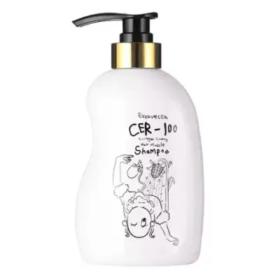 Frasco branco com tampa doseadora preta e dourada e desenho de personagem a tomar banho