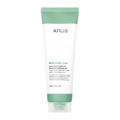 Tubo branco e verde-água de gel peeling hidratante Anua com texto na embalagem