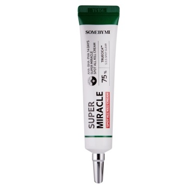 Tubo branco e verde de creme para rosto com texto e tampa verde