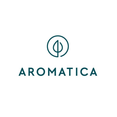 Logótipo da marca Aromatica com uma folha dentro de um círculo
