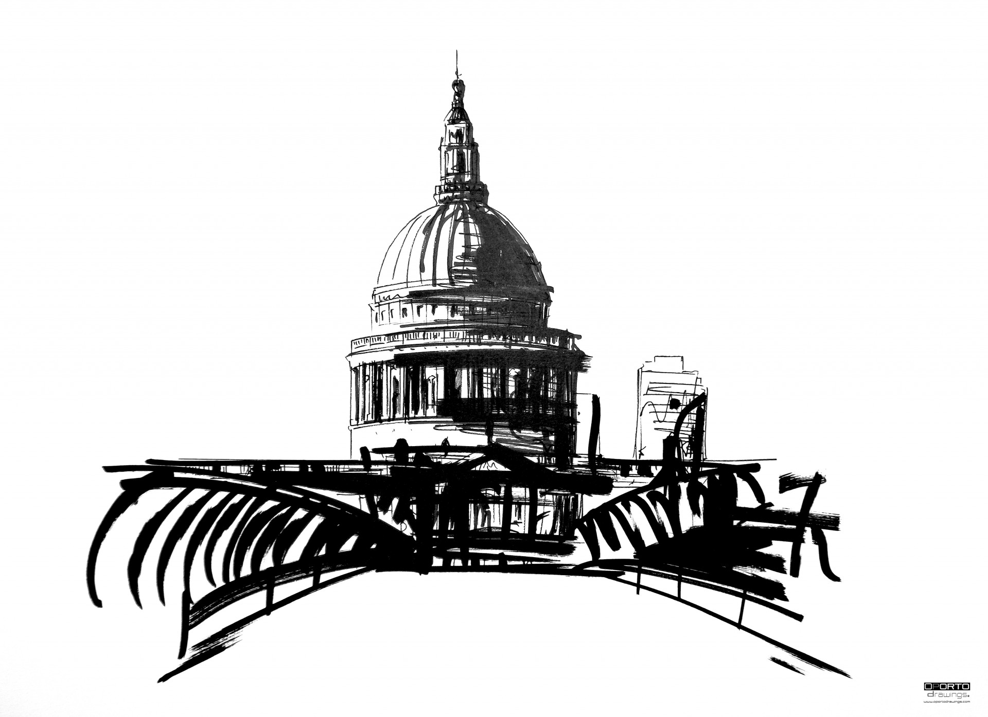 Catedral de S. Paulo e ponte Milénio :: Londres Desenho a preto e branco de uma cúpula clássica e uma ponte moderna em primeiro plano.