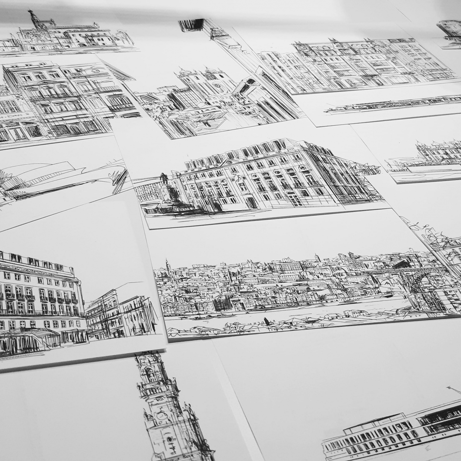 opografia personalizada Ilustrações a preto e branco de edifícios em folhas de papel