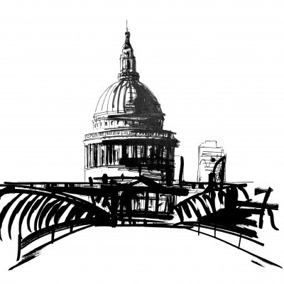Desenho a preto e branco de uma cúpula clássica e uma ponte moderna em primeiro plano.