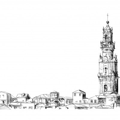 Desenho a tinta preta de edifícios com torre alta detalhada