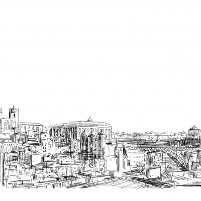 Desenho a tinta de um panorama urbano histórico em preto e branco