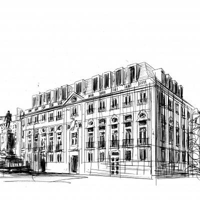 Desenho a preto e branco de um edifício antigo com uma estátua em frente