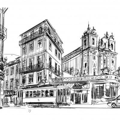 Desenho a preto e branco de uma cidade com edifícios, elétrico e carros