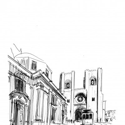 Desenho preto e branco de prédio, bonde e catedral com texto Porto