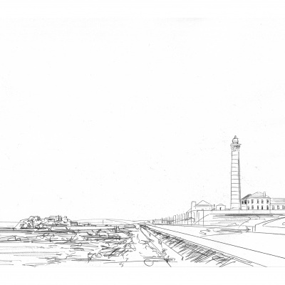 Desenho a tinta preta de um farol alto com edifícios adjacentes à beira-mar