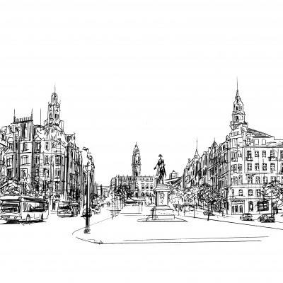 Desenho a preto e branco de avenida urbana com edifícios históricos e estátuas