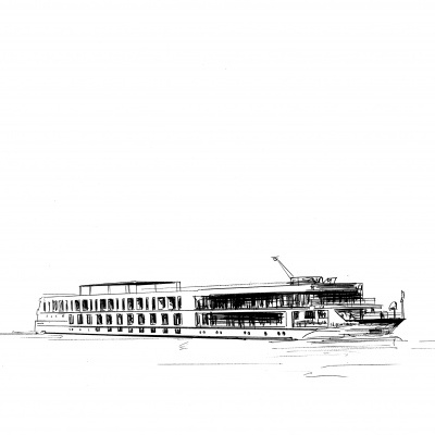 Desenho a tinta preta de barco de passageiros visto de lado