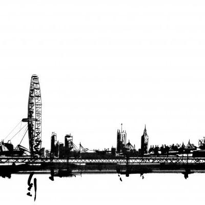 Arte em preto e branco de horizonte urbano com roda-gigante e torres abstratas.