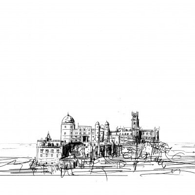 Desenho a preto e branco de uma paisagem urbana com edifícios clássicos.