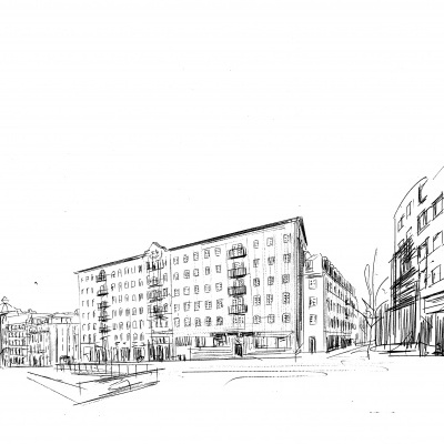 Desenho a preto e branco de edifícios urbanos com praça e passeios pedonais