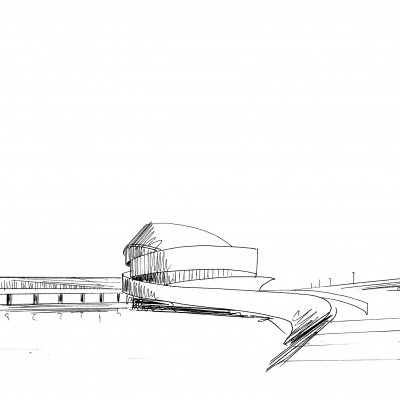 desenho a preto e branco de edifício moderno com rampa curva e pilares