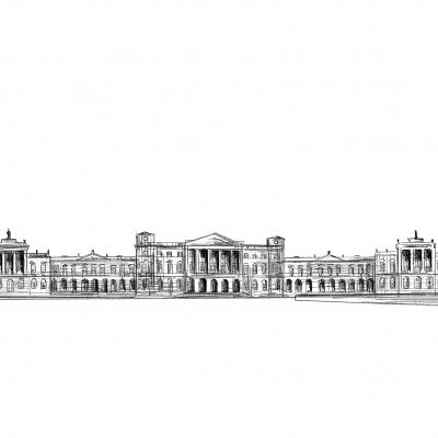 Desenho a preto e branco de um edifício clássico grande