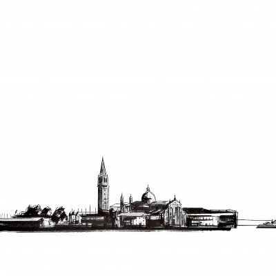 Desenho a preto e branco de uma paisagem urbana com torre e prédios.