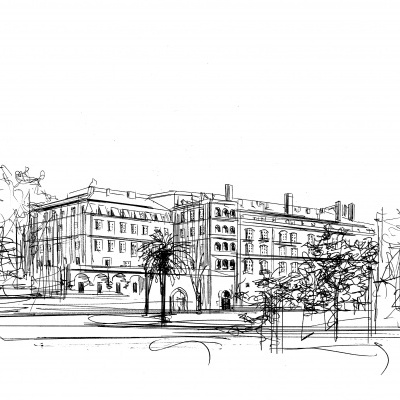 Desenho a tinta de edifício com palmeiras e árvores em frente