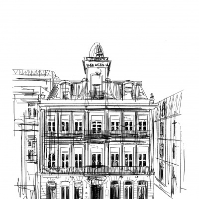 Desenho a tinta de edifício histórico com três andares e sótão, janelas simétricas e varandas.