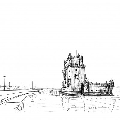Desenho a preto e branco da Torre de Belém em Lisboa junto à água