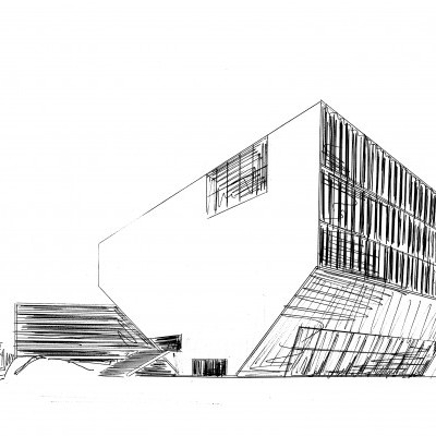 Desenho arquitetónico a preto e branco de um edifício moderno com formas geométricas