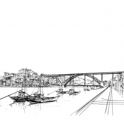 Desenho a preto e branco de um rio com barcos, ponte e edifícios.