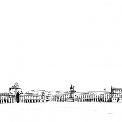 Desenho preto e branco de edifício clássico com o texto PRINCIPE REAL LISBOA