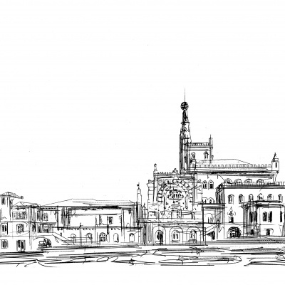 Desenho a tinta preta de um edifício histórico detalhado