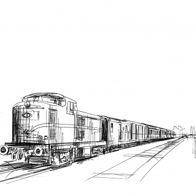 Desenho a tinta preta de um comboio a vapor com várias carruagens num carril sobre fundo branco
