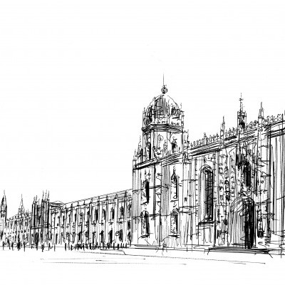 Desenho a preto e branco de edifício histórico com cúpula e janelas arqueadas