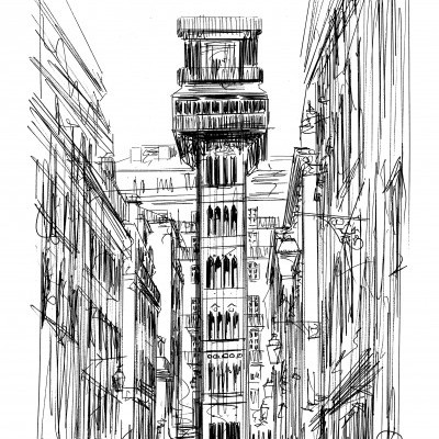 Desenho a tinta preta de um elevador histórico entre edifícios altos.