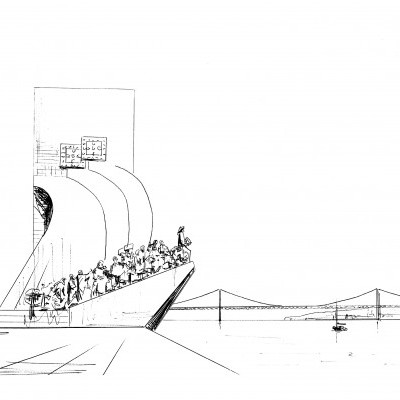 Desenho a preto e branco de barco com pessoas e ponte ao fundo.