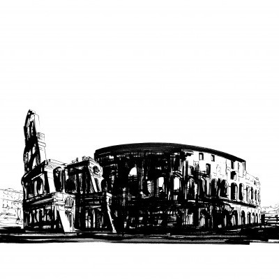 Desenho a tinta preta do Coliseu de Roma sobre fundo branco