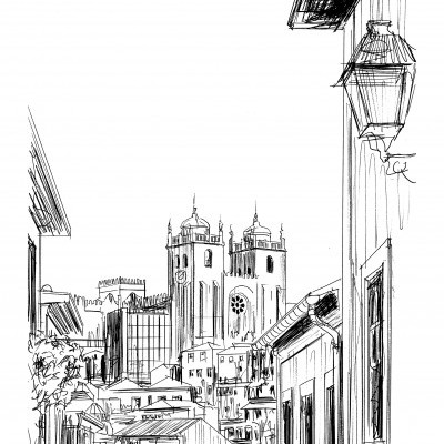 Desenho a tinta preta de uma rua de cidade com edifícios e uma catedral com duas torres