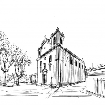 Desenho a preto e branco de um edifício histórico com árvores e estrada em redor