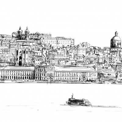 Desenho em preto e branco de uma cidade costeira com edifícios e barco no mar