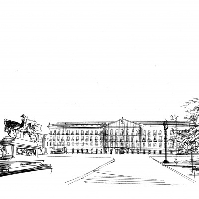 Desenho a lápis ou tinta de um palácio com estátua de cavalo e cavaleiro