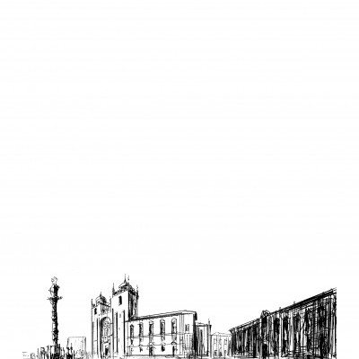 Desenho a preto e branco de edifícios históricos e uma coluna com estátua