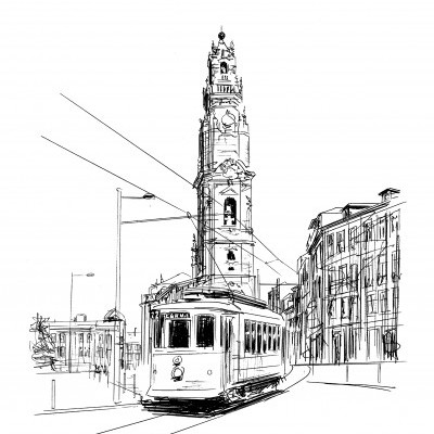 Desenho a preto e branco de elétrico antigo com torre e edifícios históricos ao fundo