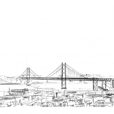 Desenho a preto e branco de uma ponte suspensa sobre água com estruturas ribeirinhas