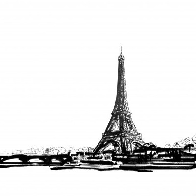 Desenho a preto e branco da Torre Eiffel e do rio Sena